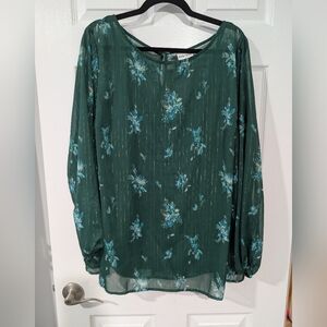 Ava & Viv Green Floral with Subtle Gold Stripes Long Sleeve Blouse in Size 2X